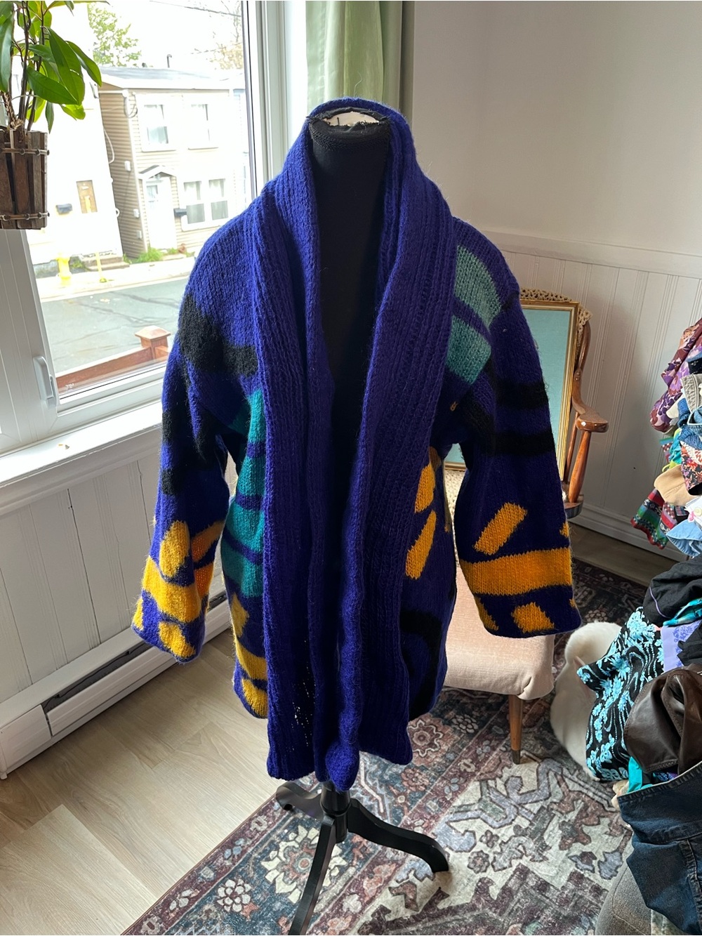 Women’s Vintage Bold Patterned Shawl Collar Sweater Cardigan Wool Blend, lined M